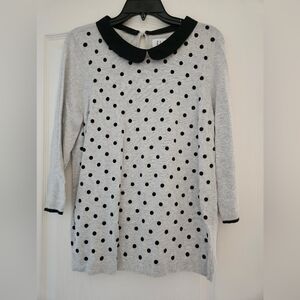 Elle Gray Polka Dot Sweater with Black Collar - Size Large